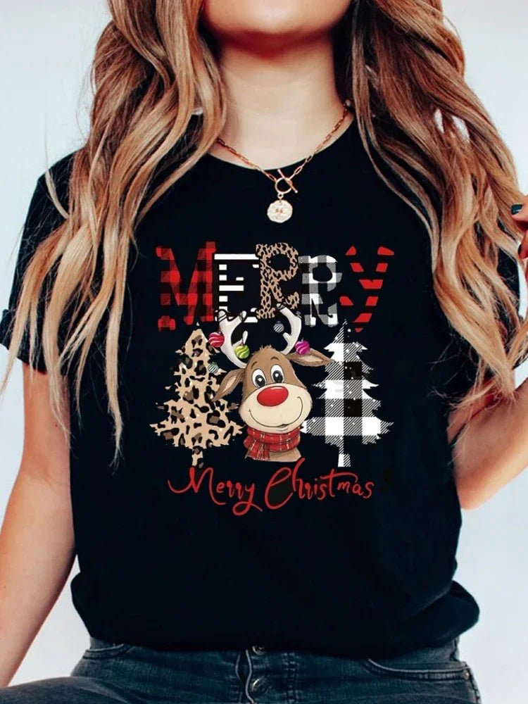 Cute Reindeer Leopard Print Women Christmas T Shirt Casual Cartoon - H&A Outlet