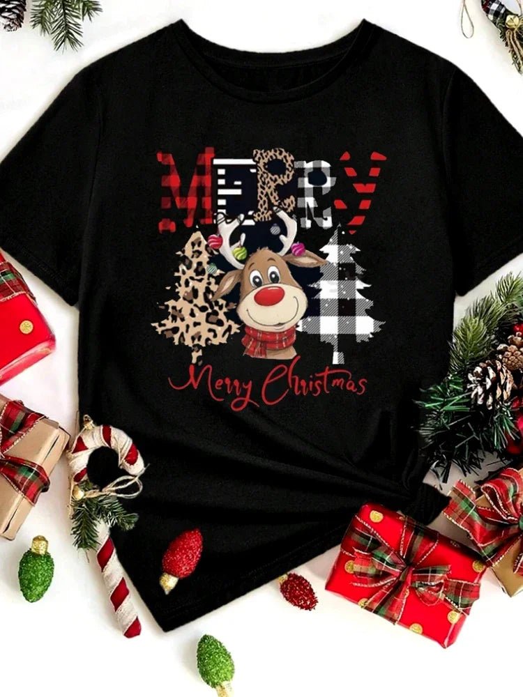 Cute Reindeer Leopard Print Women Christmas T Shirt Casual Cartoon - H&A Outlet