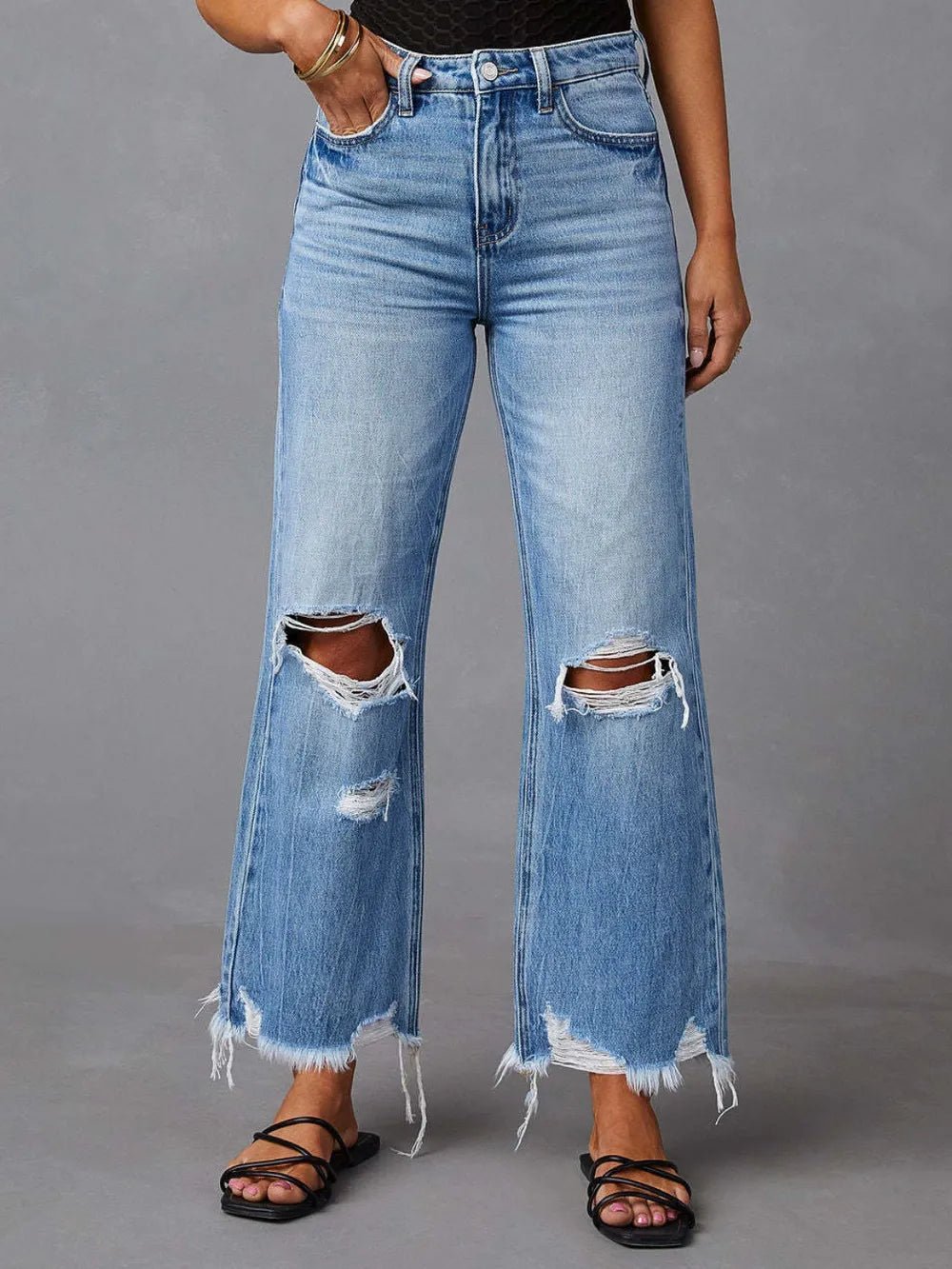 Distressed Raw Hem Jeans with Pockets - H&A Outlet