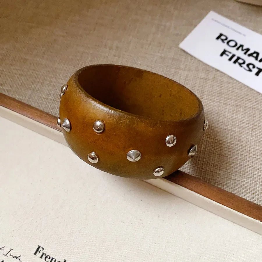 Elegant Hexagonal Cut Wood Bracelet Fashionable European Style Double Ring Alloy Hand Jewelry Trendy Accessory For Women - H&A Outlet