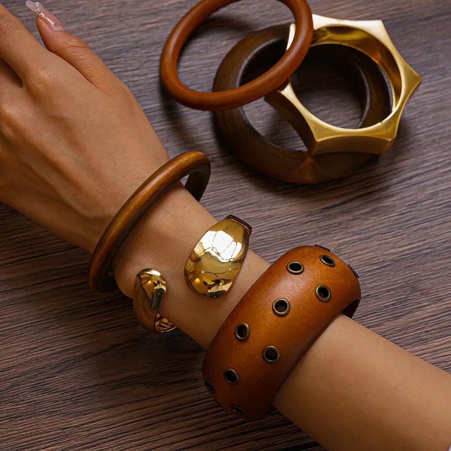 Elegant Hexagonal Cut Wood Bracelet Fashionable European Style Double Ring Alloy Hand Jewelry Trendy Accessory For Women - H&A Outlet