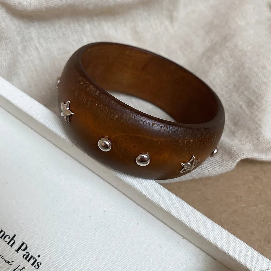 Elegant Hexagonal Cut Wood Bracelet Fashionable European Style Double Ring Alloy Hand Jewelry Trendy Accessory For Women - H&A Outlet