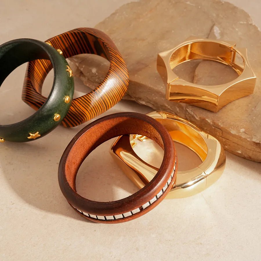 Elegant Hexagonal Cut Wood Bracelet Fashionable European Style Double Ring Alloy Hand Jewelry Trendy Accessory For Women - H&A Outlet