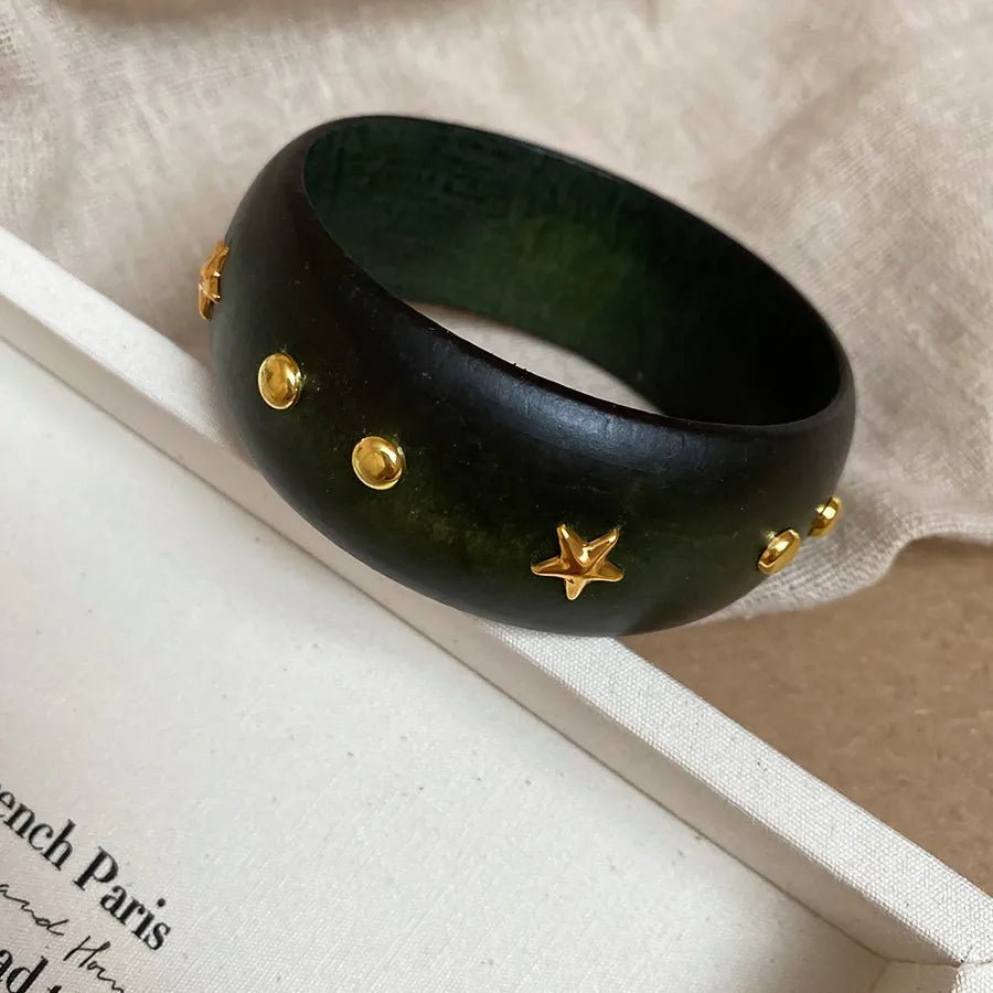 Elegant Hexagonal Cut Wood Bracelet Fashionable European Style Double Ring Alloy Hand Jewelry Trendy Accessory For Women - H&A Outlet