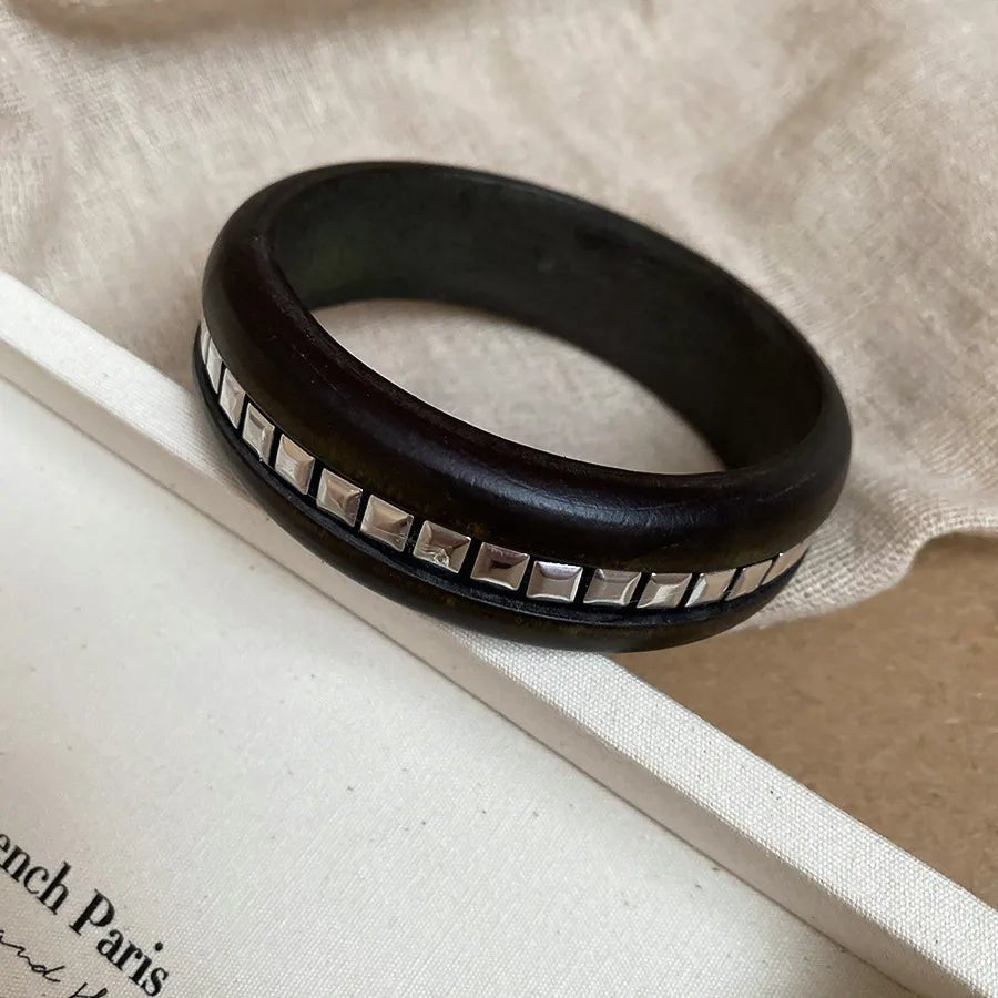 Elegant Hexagonal Cut Wood Bracelet Fashionable European Style Double Ring Alloy Hand Jewelry Trendy Accessory For Women - H&A Outlet