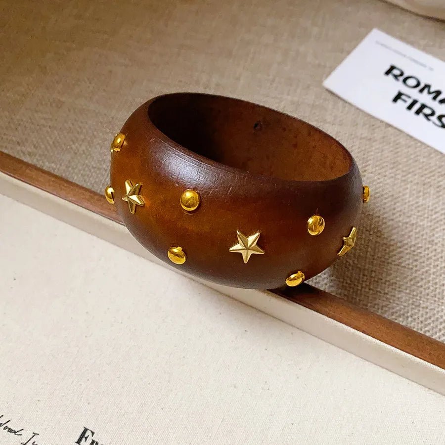 Elegant Hexagonal Cut Wood Bracelet Fashionable European Style Double Ring Alloy Hand Jewelry Trendy Accessory For Women - H&A Outlet