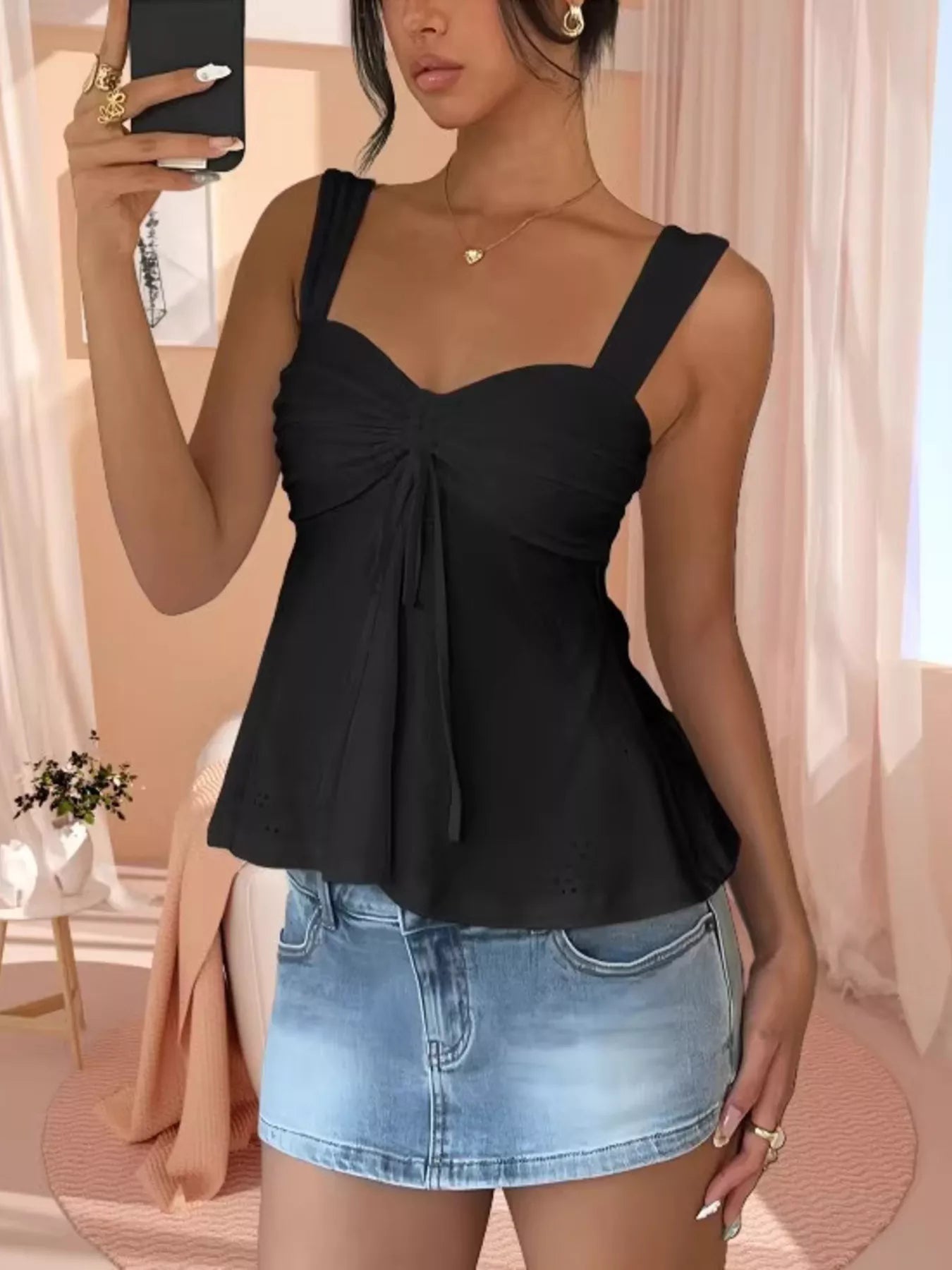 Eyelet Embroidered Drawstring Cami Top - H&A Outlet