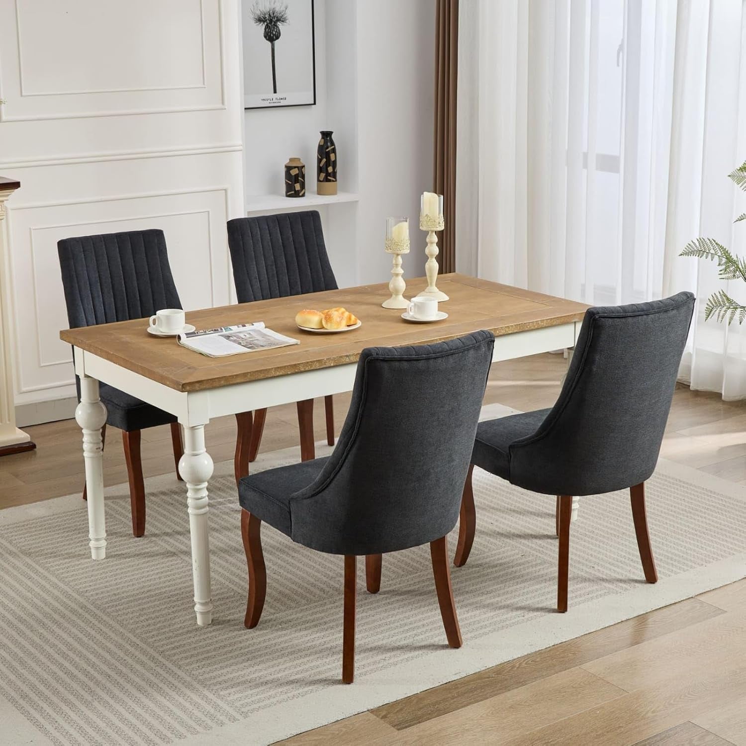 Velvet Dining Chairs Set of 4,Comfy Fabric Upholstered Accent Chairs for Kitchen Living Room,Channel Tufted Dining Room Chairs with Curved Solid Wood Legs(Black)