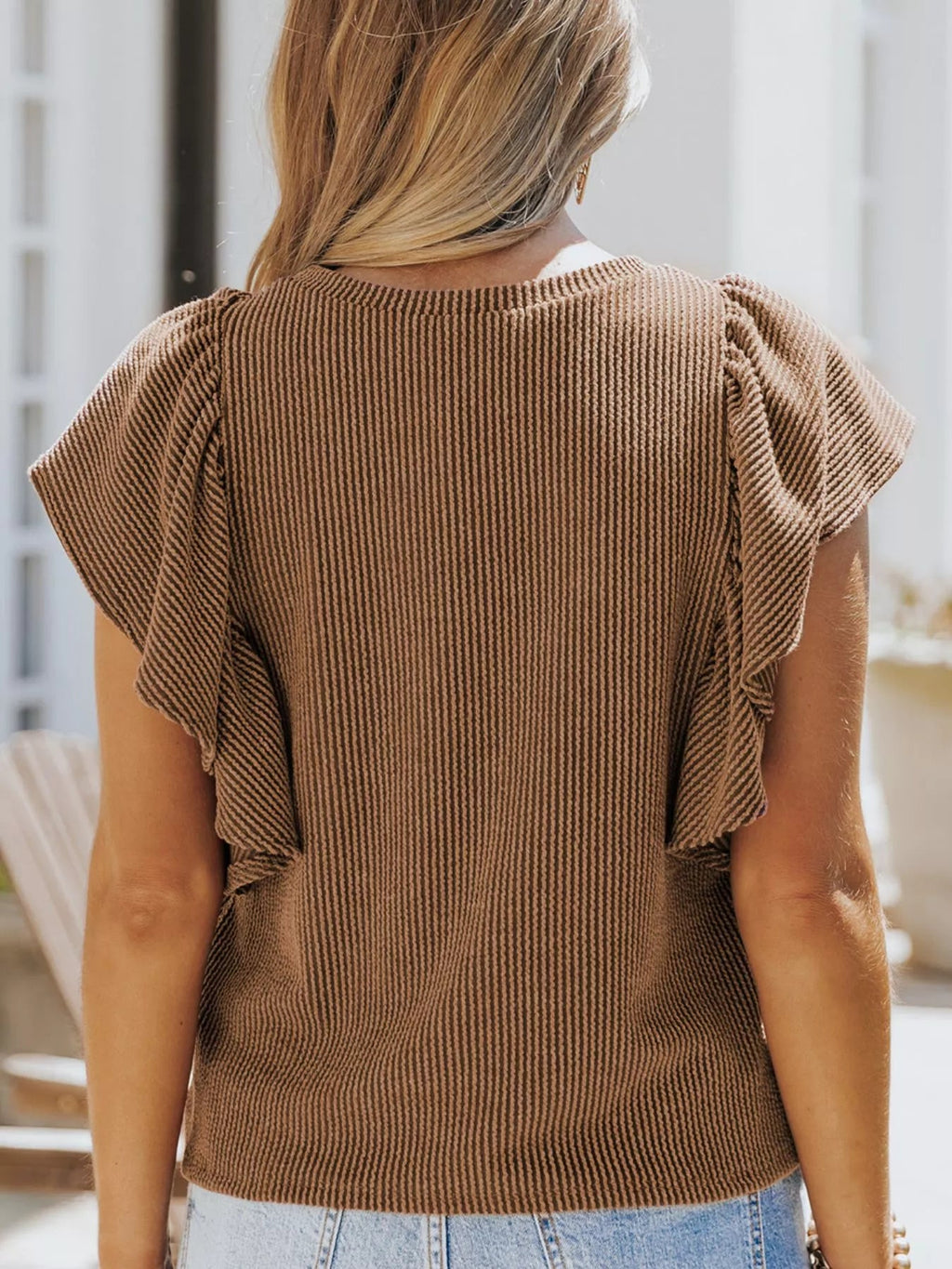 Full Size Ruffled Sleeve Ribbed Knit T-Shirt Plus Size - H&A Outlet