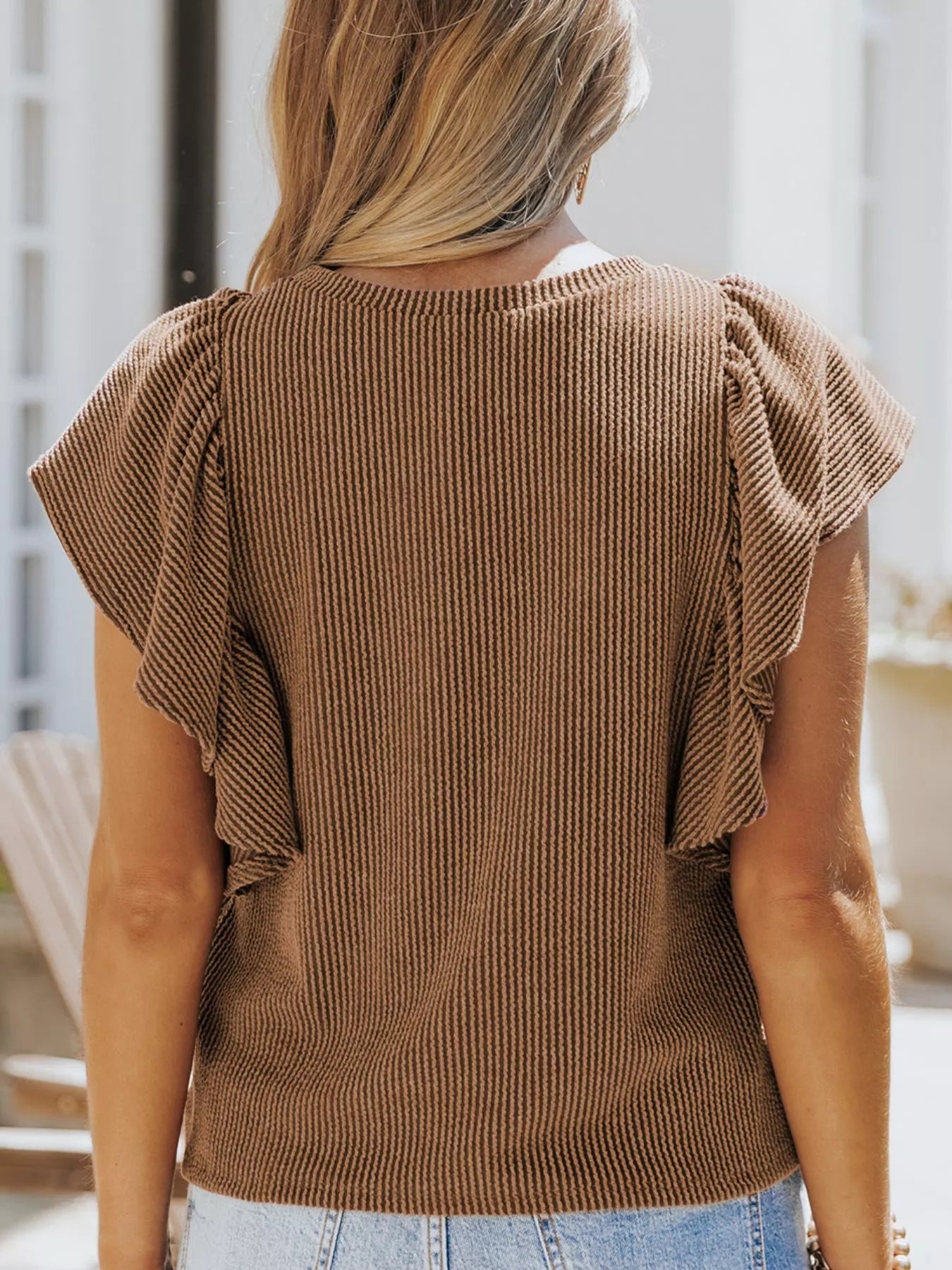 Full Size Ruffled Sleeve Ribbed Knit T-Shirt Plus Size - H&A Outlet