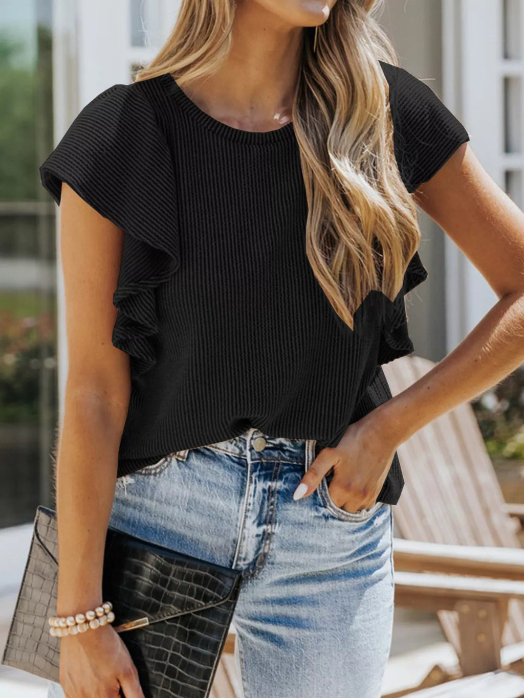 Full Size Ruffled Sleeve Ribbed Knit T-Shirt Plus Size - H&A Outlet