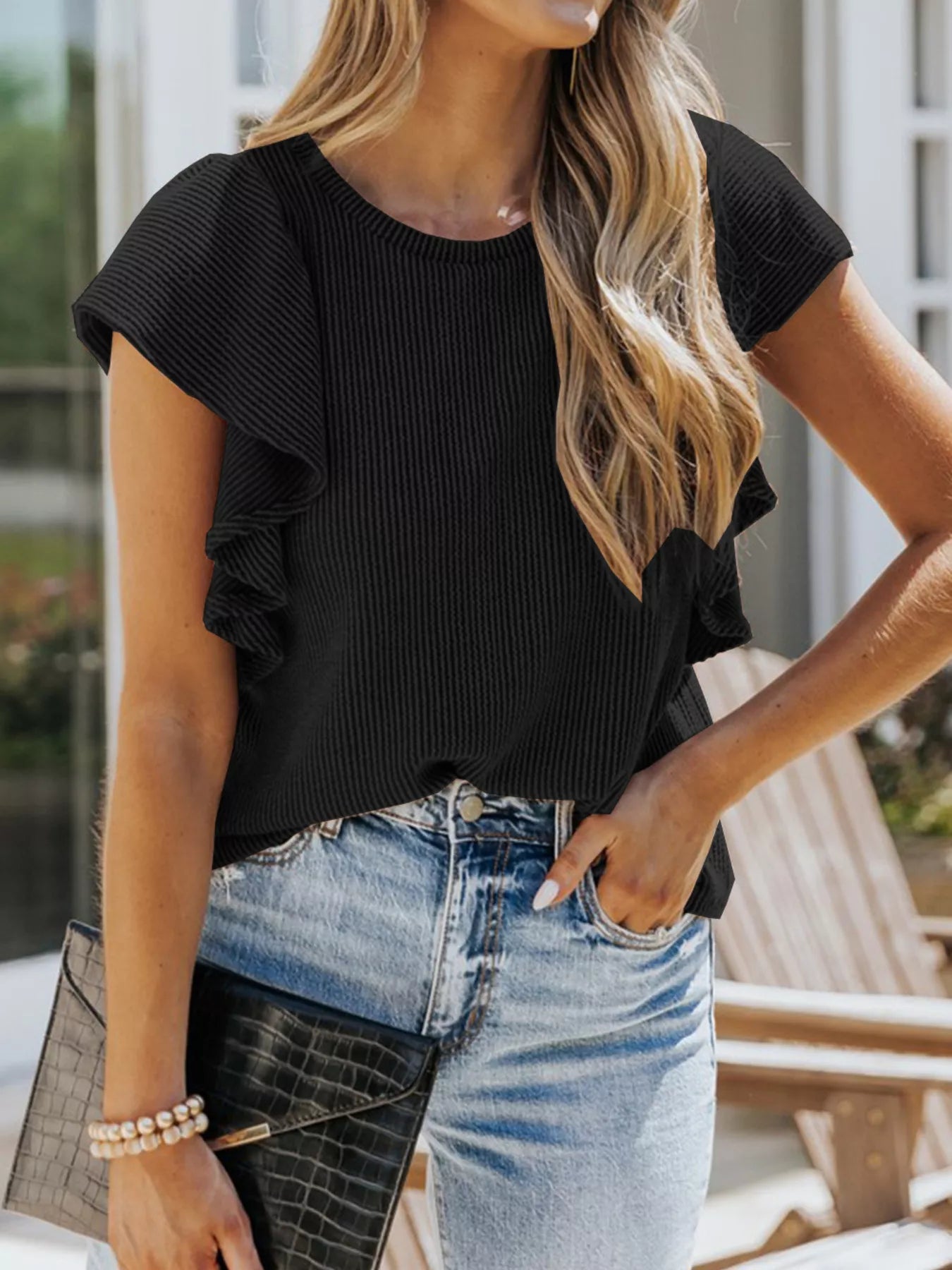 Full Size Ruffled Sleeve Ribbed Knit T-Shirt Plus Size - H&A Outlet
