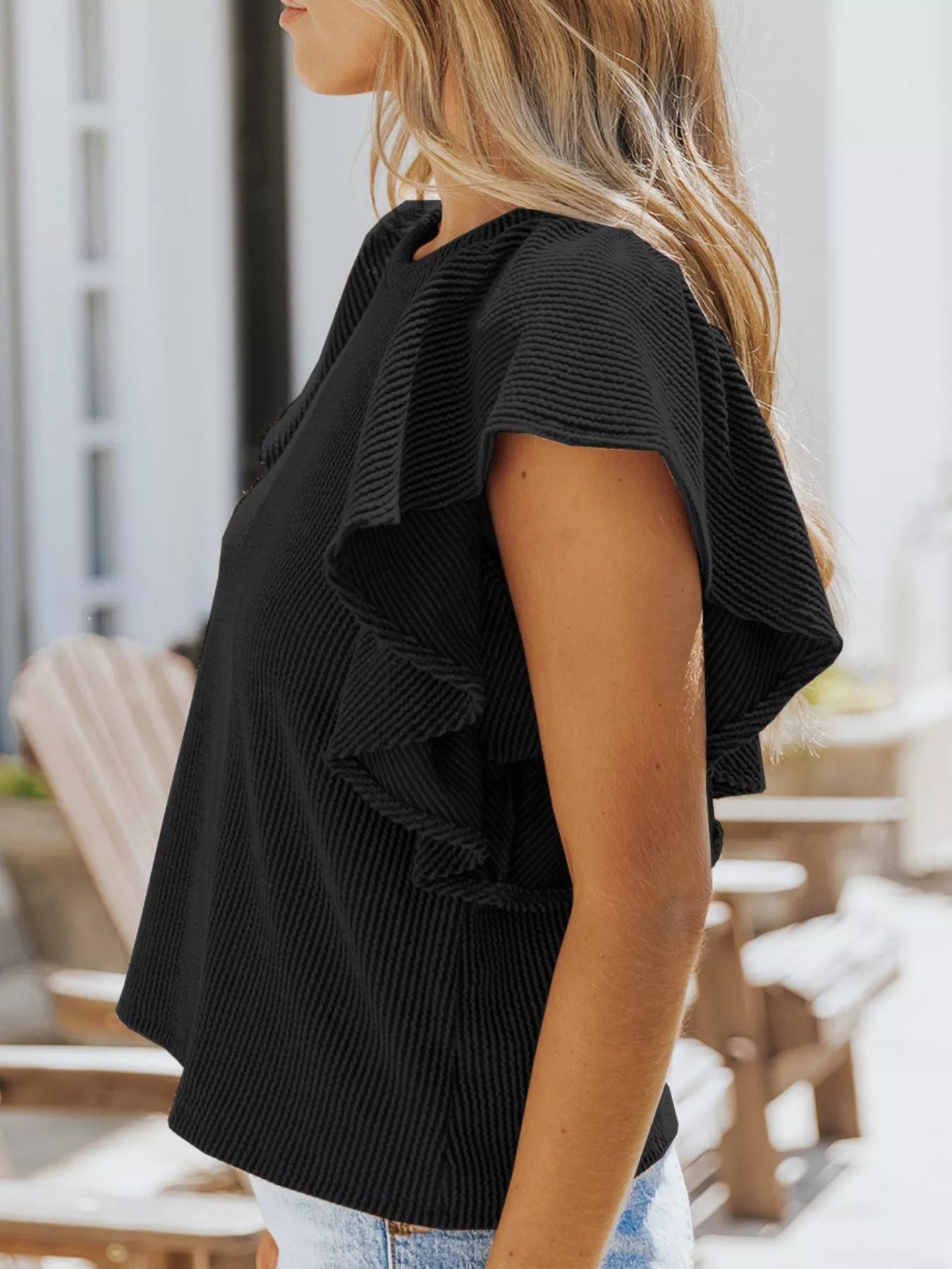 Full Size Ruffled Sleeve Ribbed Knit T-Shirt Plus Size - H&A Outlet