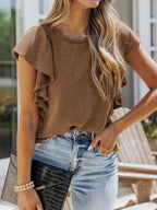 Full Size Ruffled Sleeve Ribbed Knit T-Shirt Plus Size - H&A Outlet