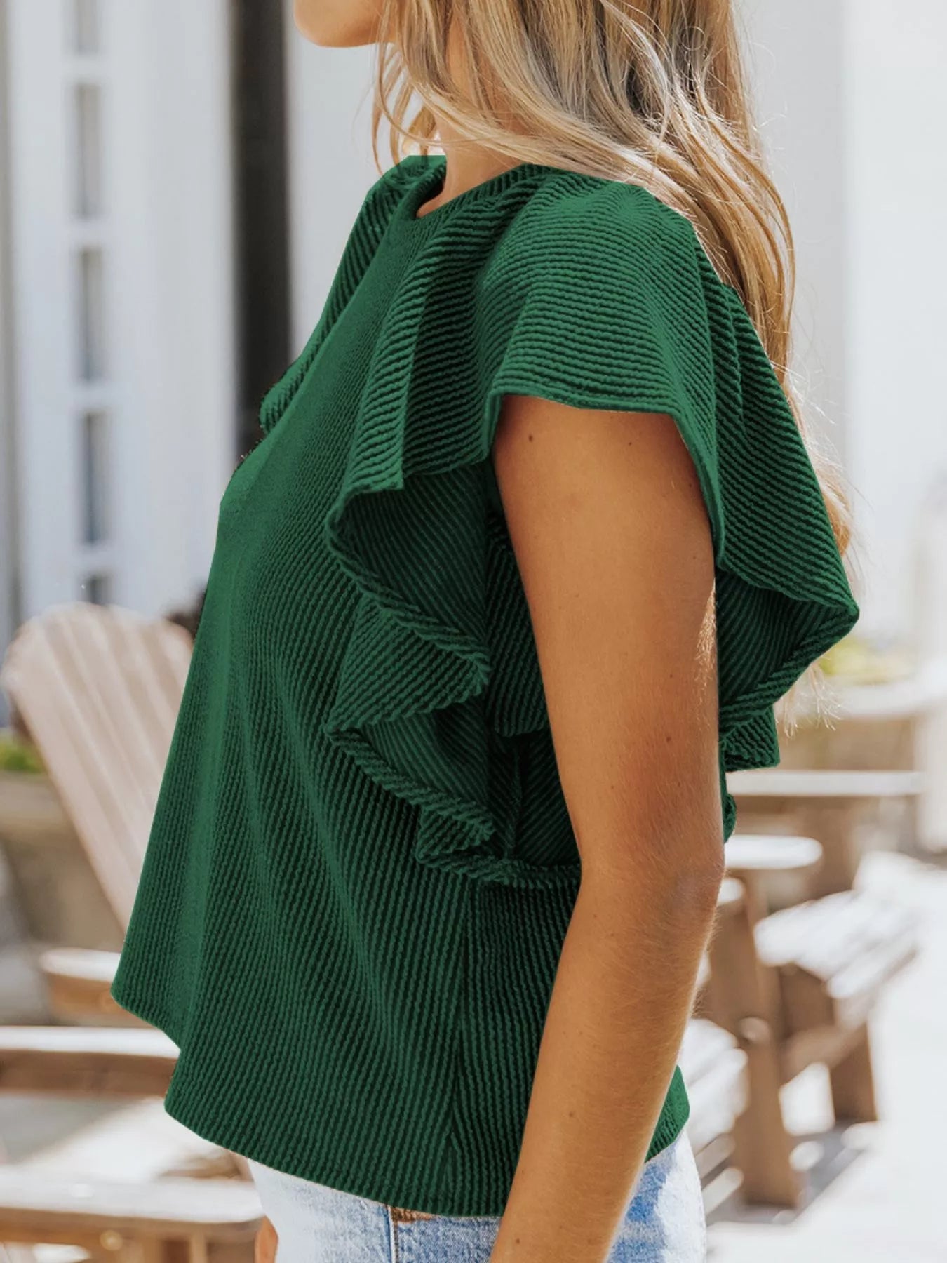 Full Size Ruffled Sleeve Ribbed Knit T-Shirt Plus Size - H&A Outlet