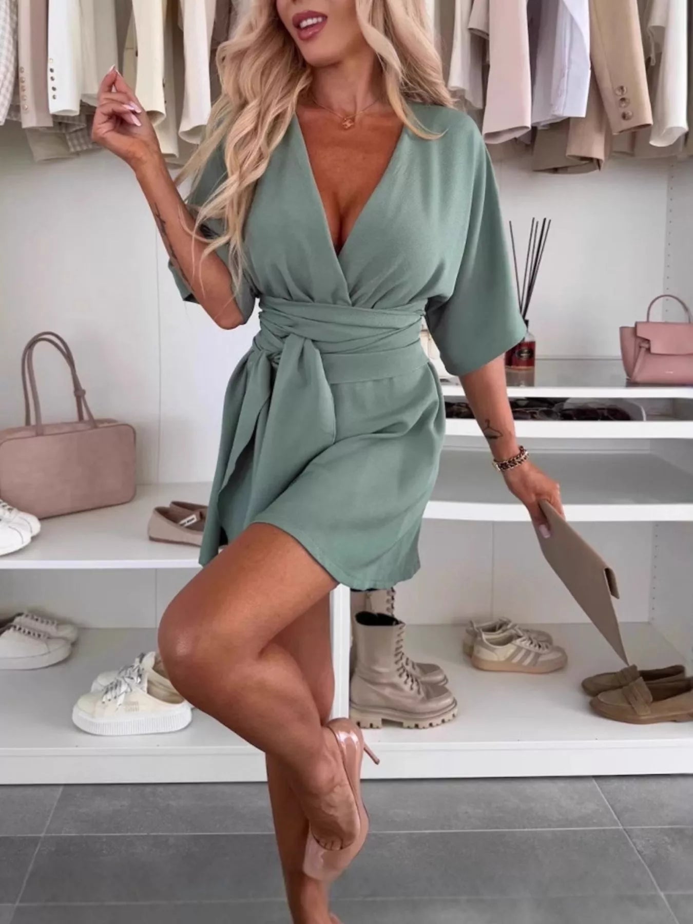 Full Size Surplice Tie Waist Romper Plus Size - H&A Outlet