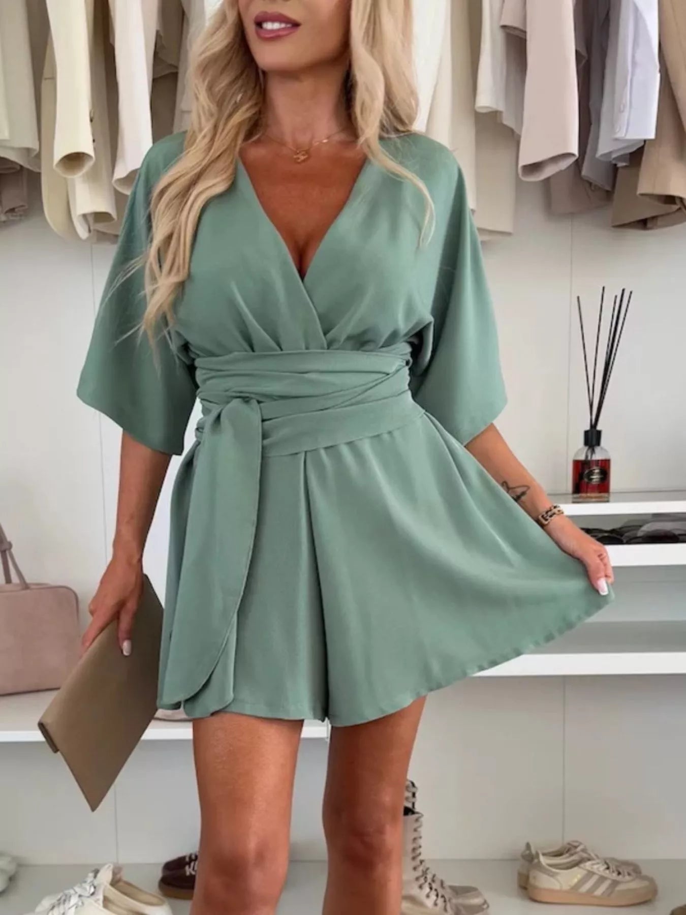 Full Size Surplice Tie Waist Romper Plus Size - H&A Outlet