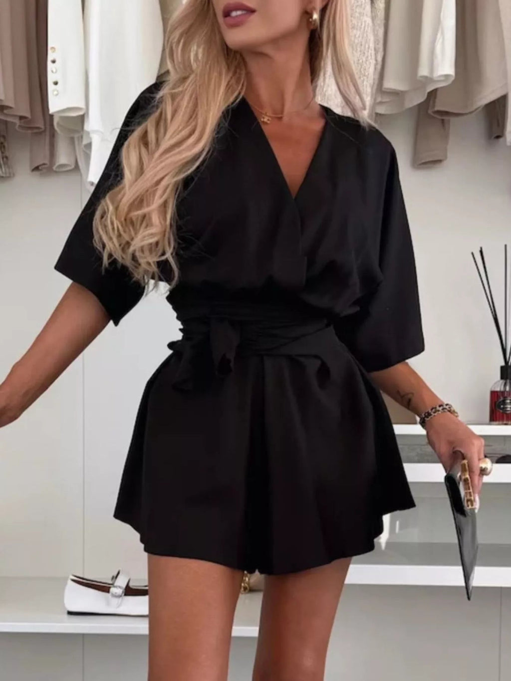 Full Size Surplice Tie Waist Romper Plus Size - H&A Outlet