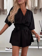 Full Size Surplice Tie Waist Romper Plus Size - H&A Outlet