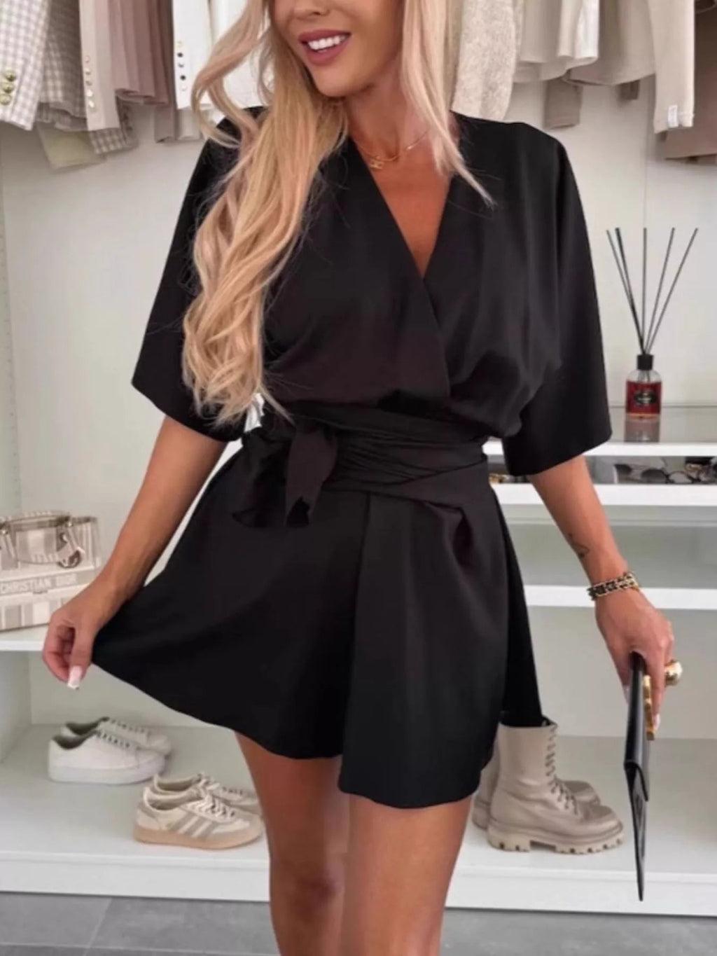Full Size Surplice Tie Waist Romper Plus Size - H&A Outlet