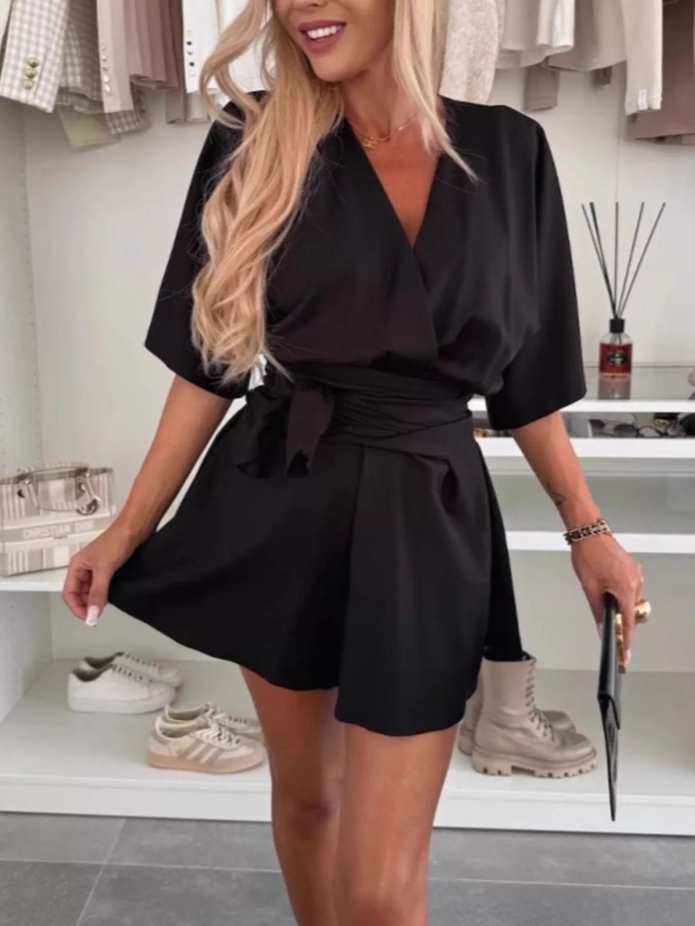 Full Size Surplice Tie Waist Romper Plus Size - H&A Outlet