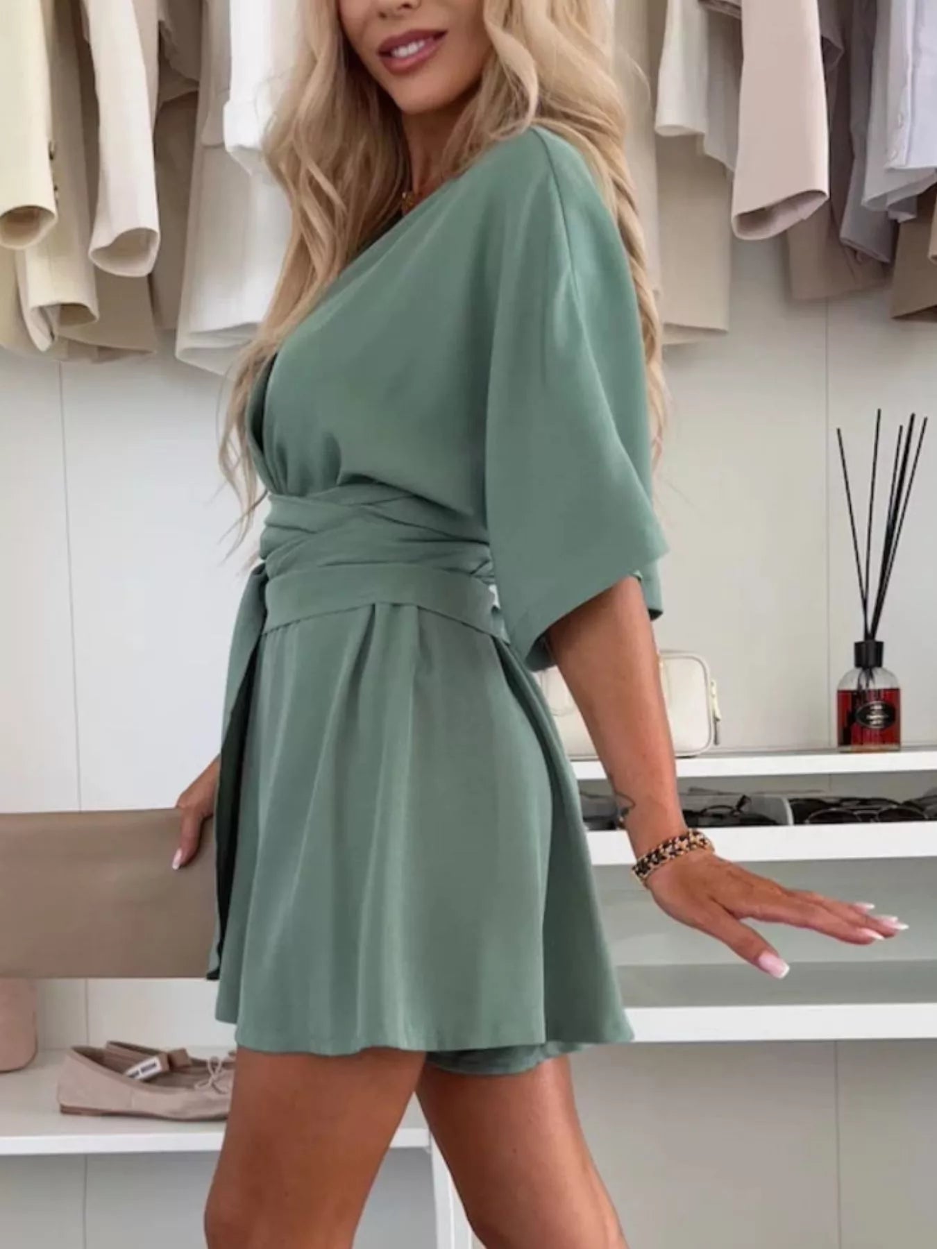 Full Size Surplice Tie Waist Romper Plus Size - H&A Outlet