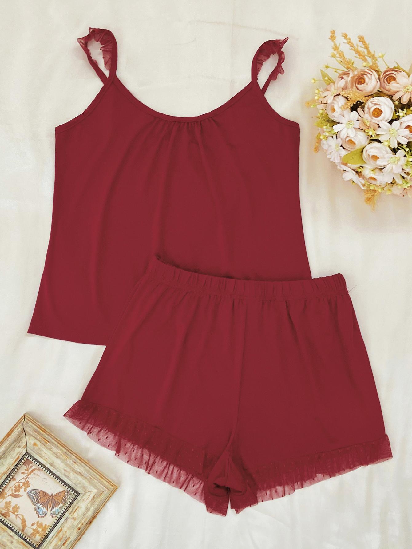 Gathered Detail Spliced Mesh Sleeveless Top and Shorts Lounge Set - H&A Outlet