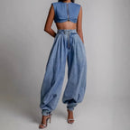 High Waist Trousers Women's Loose Casual Retro Balloon Pants High Waist Denim Trousers Style Elastic Cotton Jeans - H&A Outlet