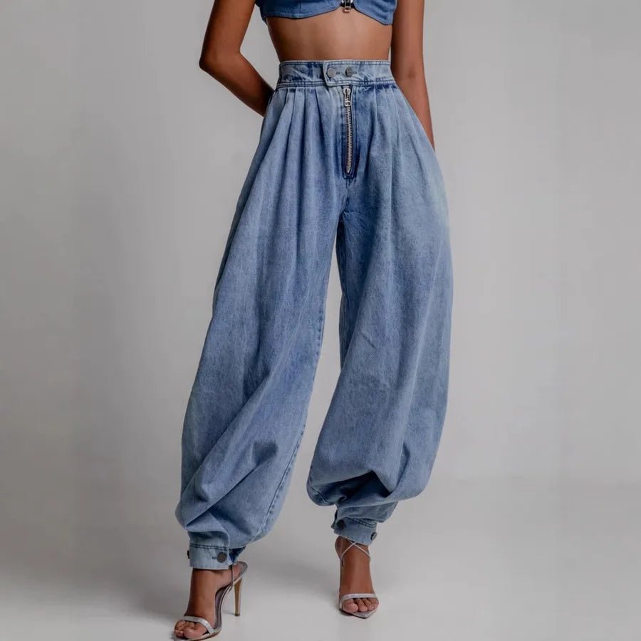 High Waist Trousers Women's Loose Casual Retro Balloon Pants High Waist Denim Trousers Style Elastic Cotton Jeans - H&A Outlet