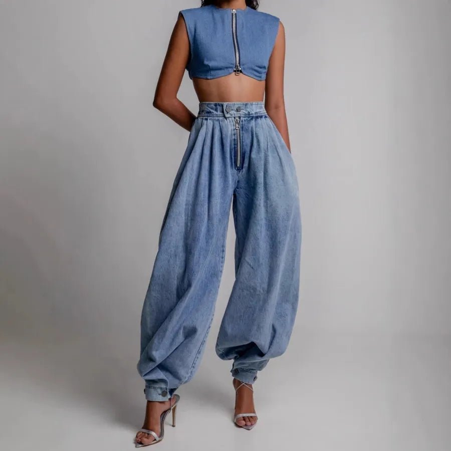 High Waist Trousers Women's Loose Casual Retro Balloon Pants High Waist Denim Trousers Style Elastic Cotton Jeans - H&A Outlet