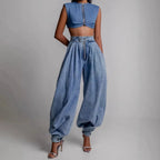 High Waist Trousers Women's Loose Casual Retro Balloon Pants High Waist Denim Trousers Style Elastic Cotton Jeans - H&A Outlet