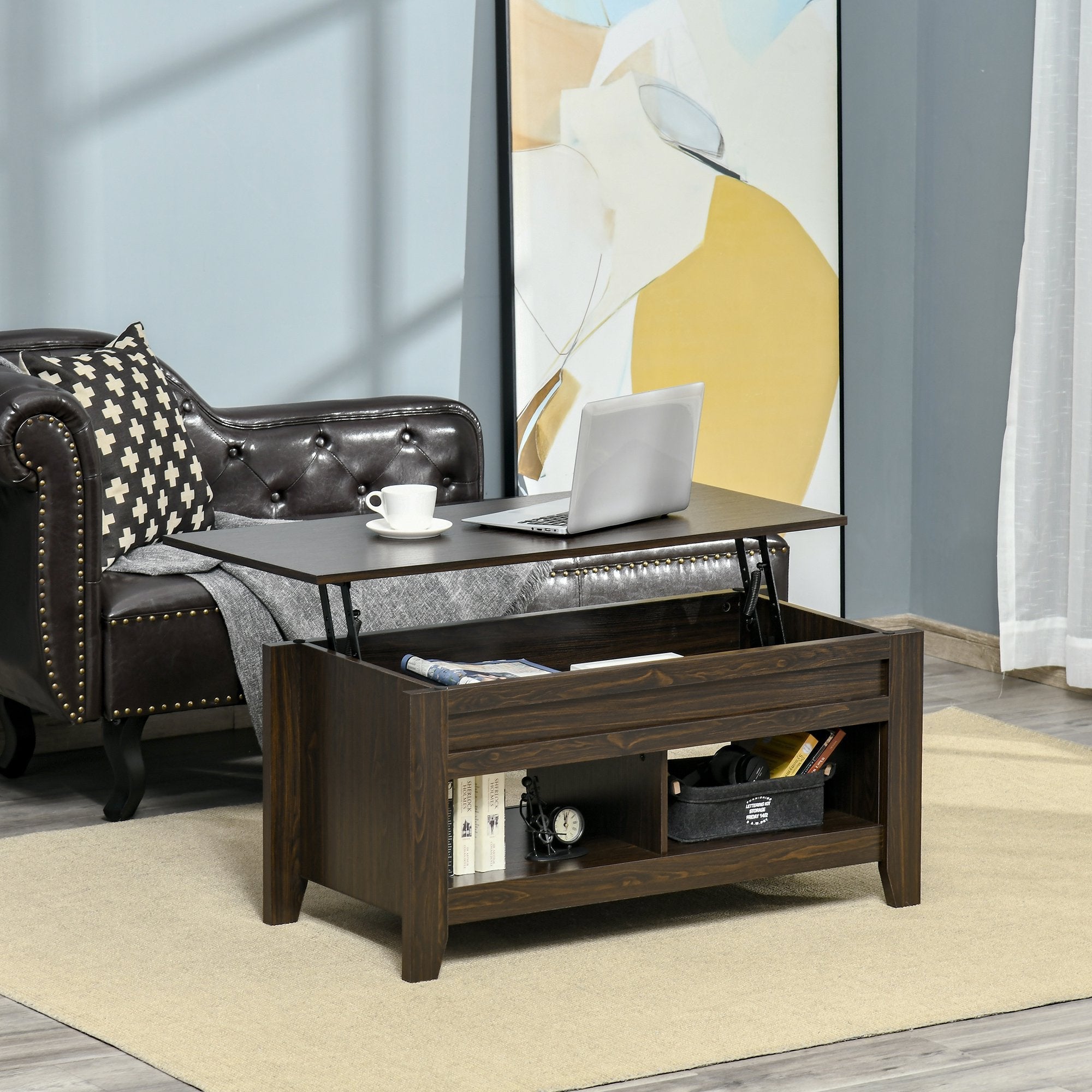 HOMCOM Lift Top Coffee Table with Hidden Storage Compartment and Open - H&A Outlet