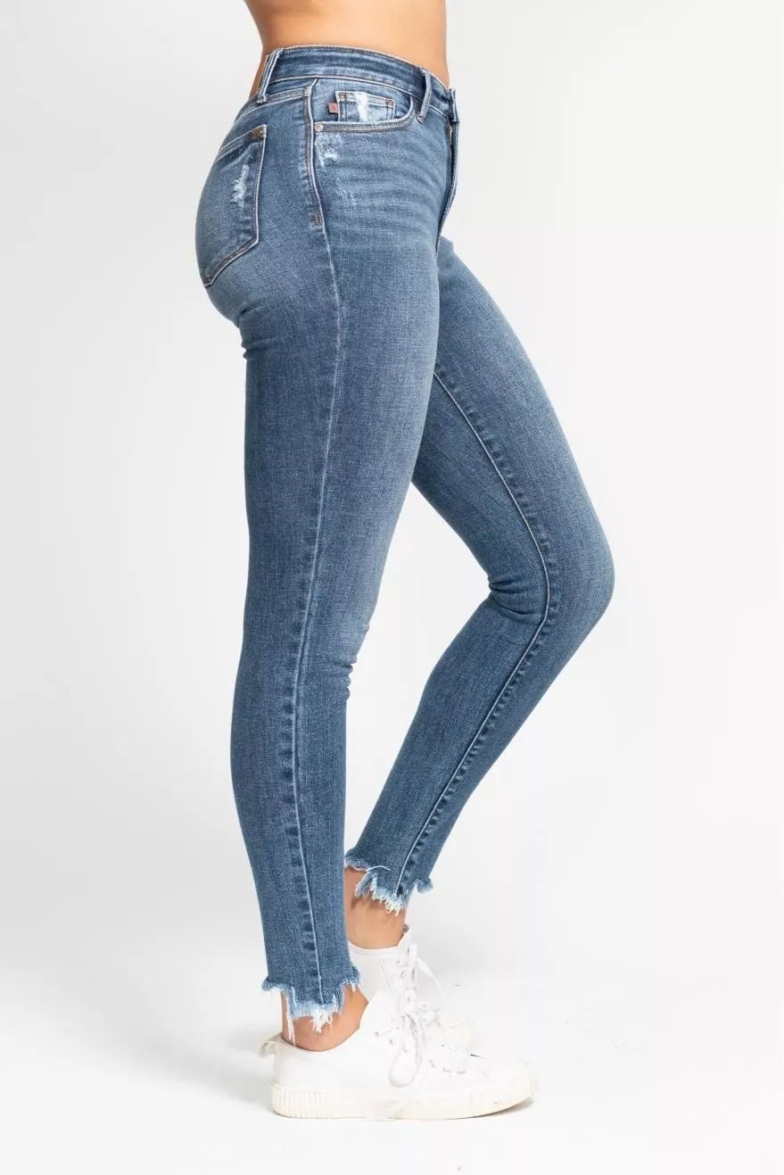 Judy Blue High Waist Skinny Jeans with Destroy & Shark Bit Hem - H&A Outlet