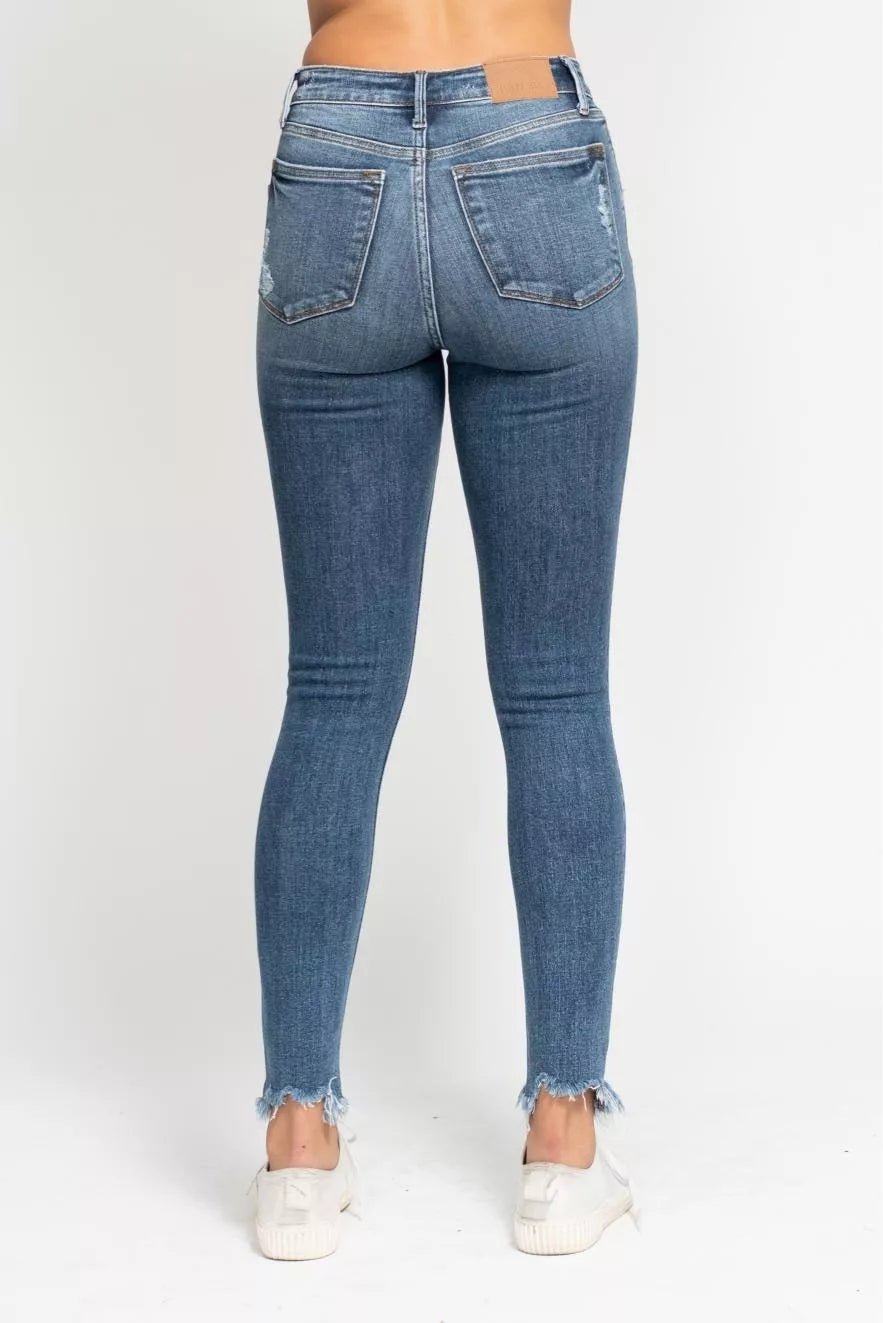 Judy Blue High Waist Skinny Jeans with Destroy & Shark Bit Hem - H&A Outlet