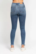 Judy Blue High Waist Skinny Jeans with Destroy & Shark Bit Hem - H&A Outlet