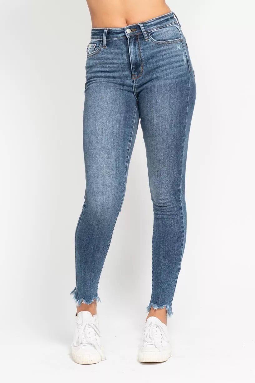 Judy Blue High Waist Skinny Jeans with Destroy & Shark Bit Hem - H&A Outlet