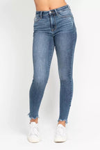 Judy Blue High Waist Skinny Jeans with Destroy & Shark Bit Hem - H&A Outlet