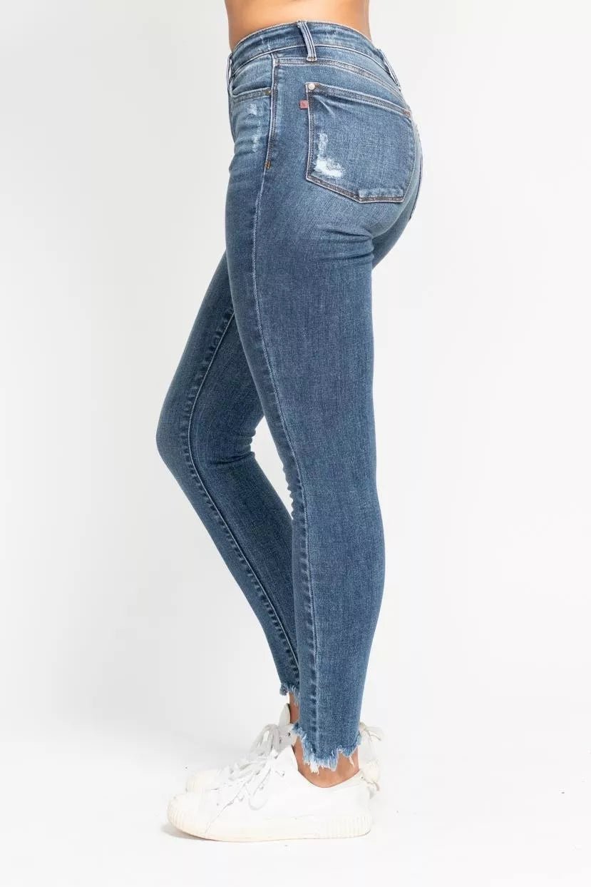 Judy Blue High Waist Skinny Jeans with Destroy & Shark Bit Hem - H&A Outlet
