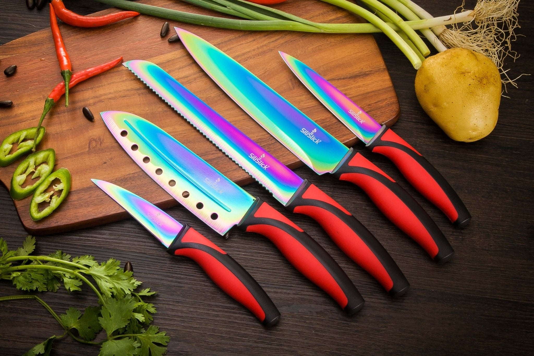 Kitchen Knife Set Kit | Red Handle & Black Magnetic Rack - H&A Outlet