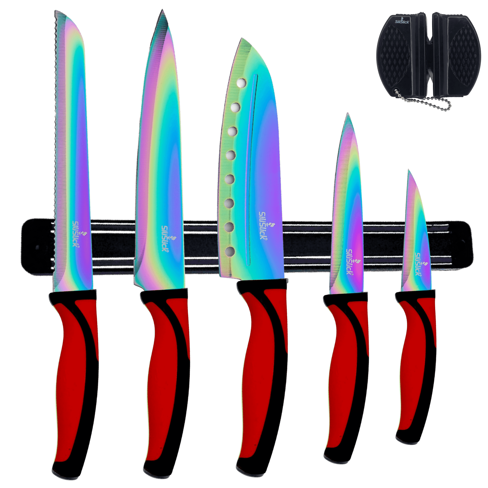 Kitchen Knife Set Kit | Red Handle & Black Magnetic Rack - H&A Outlet