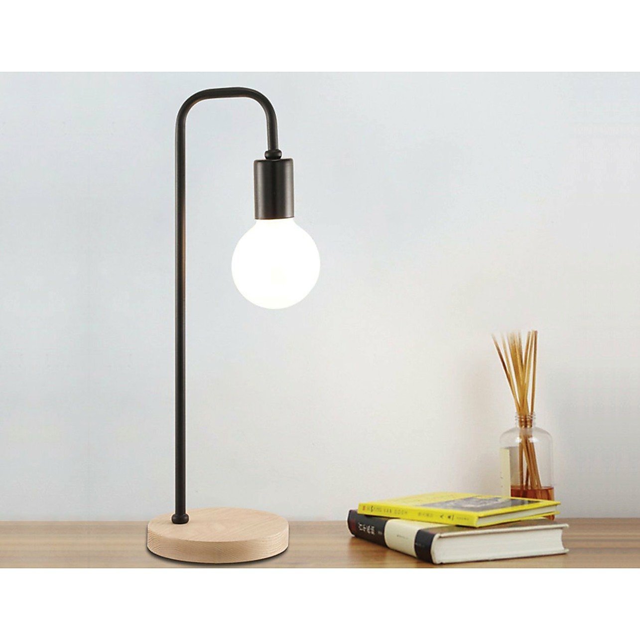 Modern Black Table Lamp Desk Light Timber Base Bedside Bedroom - H&A Outlet