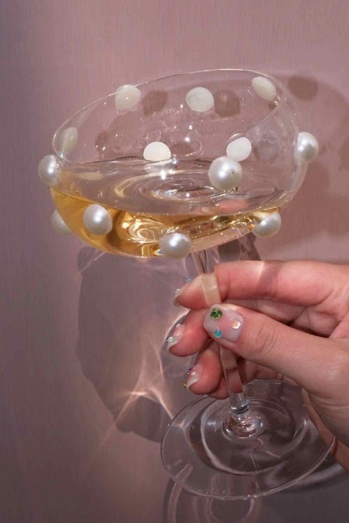 Mouth Blown Elegant Pearl Wine Glass, Retro Eclectic Cocktail Champagn - H&A Outlet