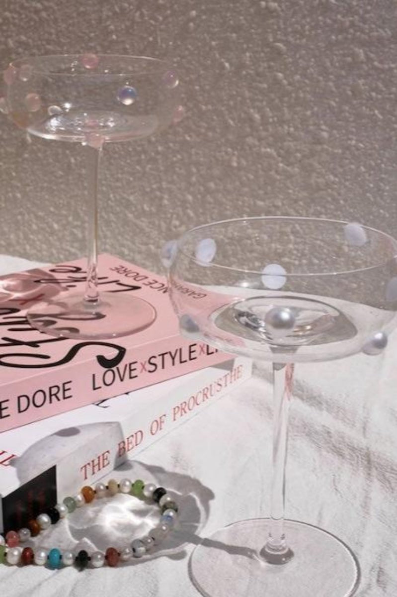Mouth Blown Elegant Pearl Wine Glass, Retro Eclectic Cocktail Champagn - H&A Outlet