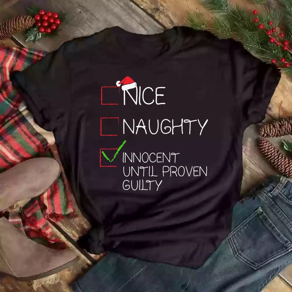Nice Naughty Christmas Cartoon Letter Print T-shirt Casual Short - H&A Outlet