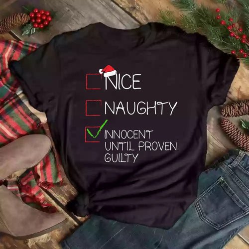 Nice Naughty Christmas Cartoon Letter Print T-shirt Casual Short - H&A Outlet