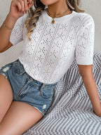 Openwork Round Neck Short Sleeve Knit Top - H&A Outlet