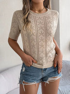 Openwork Round Neck Short Sleeve Knit Top - H&A Outlet