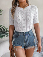 Openwork Round Neck Short Sleeve Knit Top - H&A Outlet