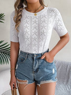 Openwork Round Neck Short Sleeve Knit Top - H&A Outlet