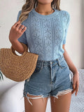 Openwork Round Neck Short Sleeve Knit Top - H&A Outlet